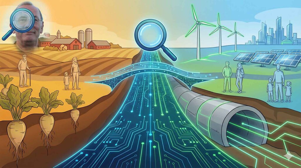 Infografik - Lolland: landbrug, neurale computer kredsløb og grøn fremtid med vindmøller, solceller og en større by