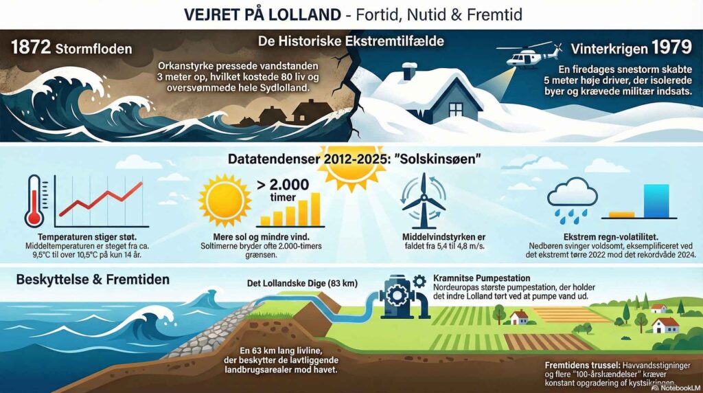 Infografik - Vejret på Lolland. Fra historiske ekstremer til data tendenser 2012-2025 samt beskyttelse og fremtiden